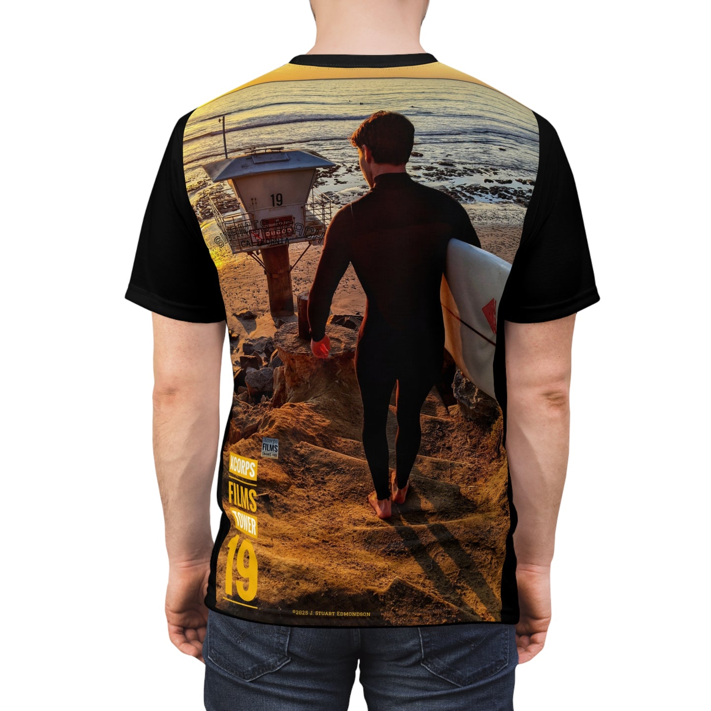 Swamis Vibe Encinitas California JSE Designs #6 Tower 19 Unisex T Sunset Beach Scene Tee, AOP Unisex Cut & Sew T-Shirt, Ocean Lover Gift, California Beachwear, Summer Vacation Apparel, Adventure T-Shirt