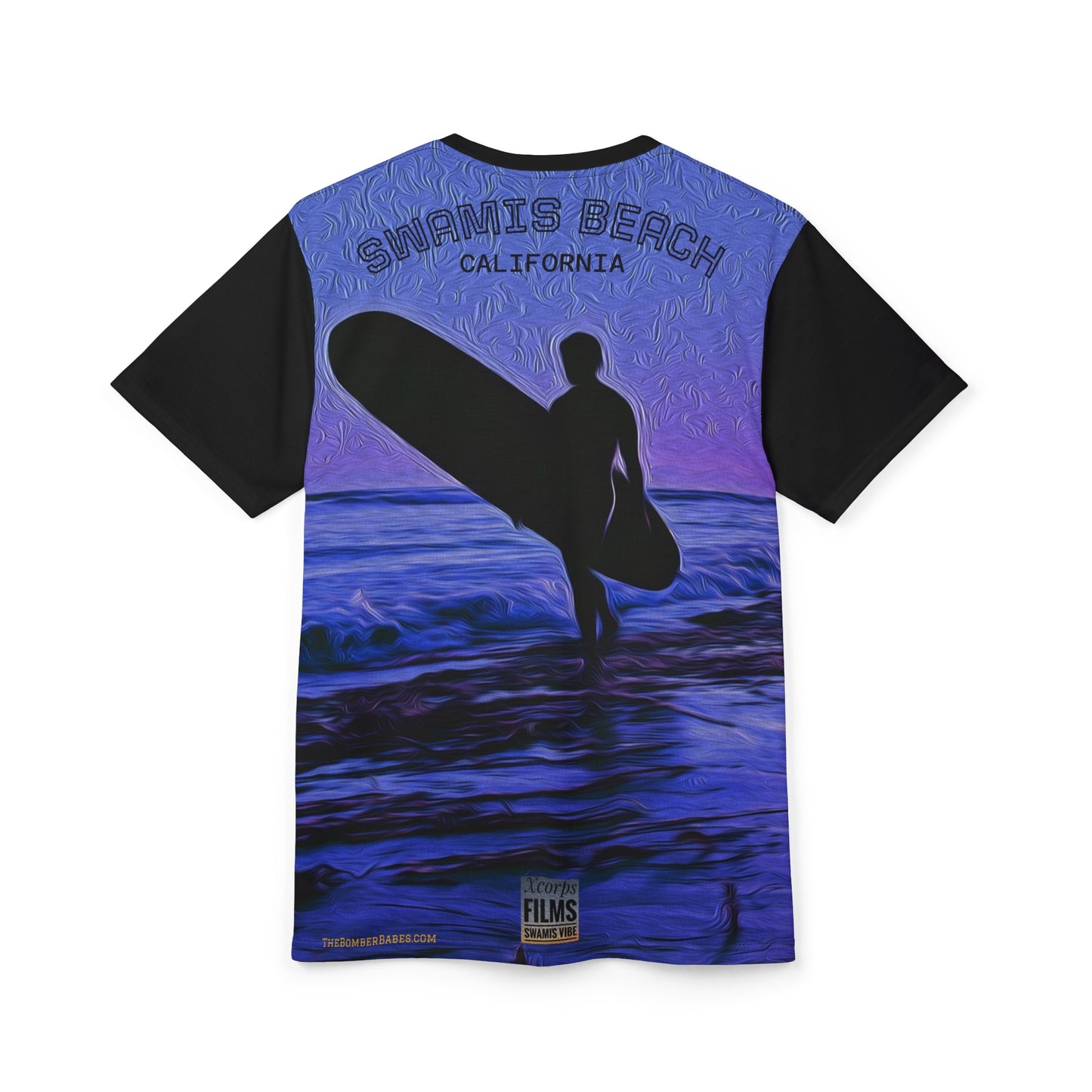 Swamis Vibe Encinitas California JSE Designs #3. Purple Moon Surfer Moonlit Ocean Unisex Tee, Artistic Graphic T-Shirt, Beach Lover Gift, Summer Wear, Unique Casual Top