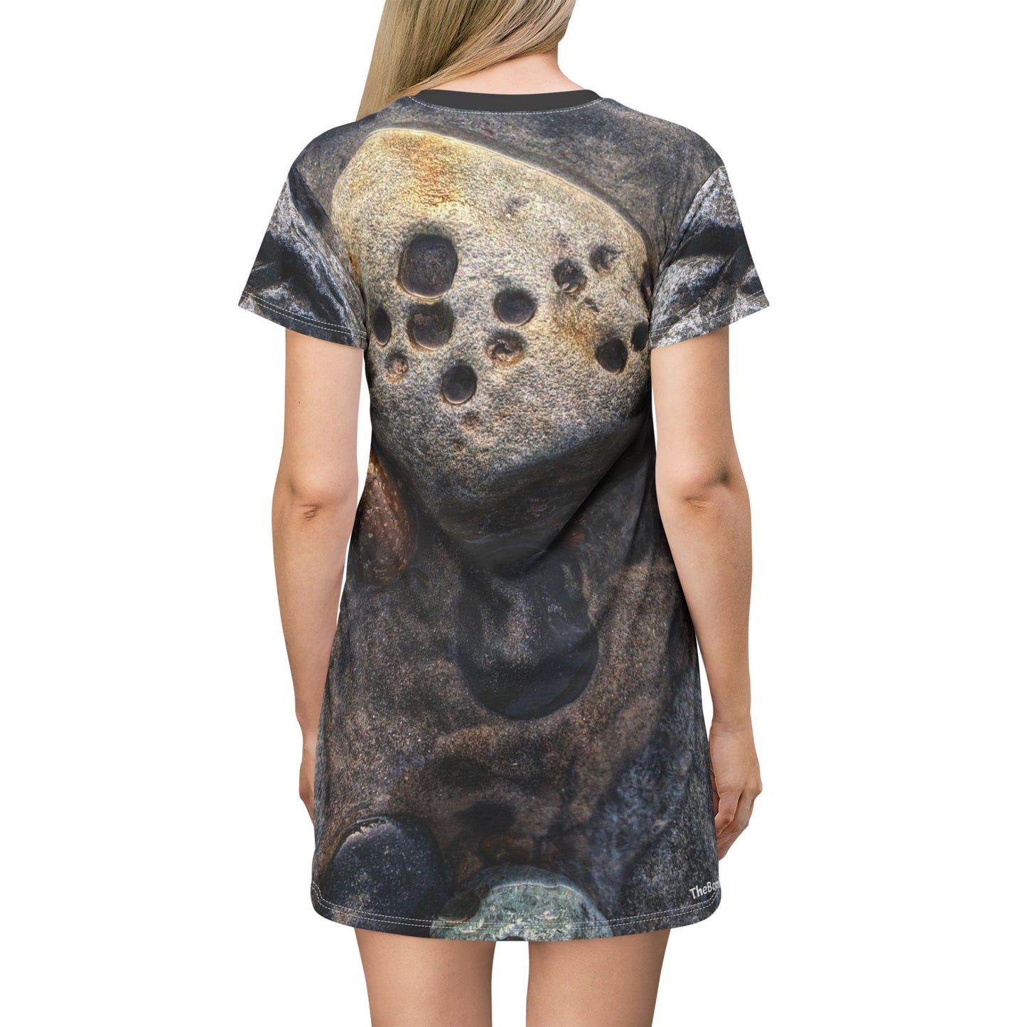 Swamis Vibe Stone T-Shirt Beach Dress #4. Shoreline Reflections Artistic Nature T-Shirt Dress | Casual Wear, Summer Dress, Unique Design, Outdoor Style, Gift for Nature Lovers