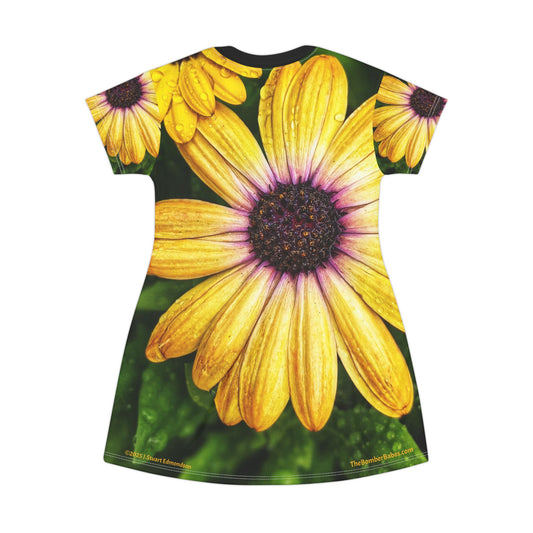 Swamis Vibe T-Shirt Beach Dress #7. Daisy Days Artistic Nature Cheerful Floral T-Shirt Dress for Summer Days, Casual Wear, Vacation Outfit, Gift for Her, Spring Flowers Style
