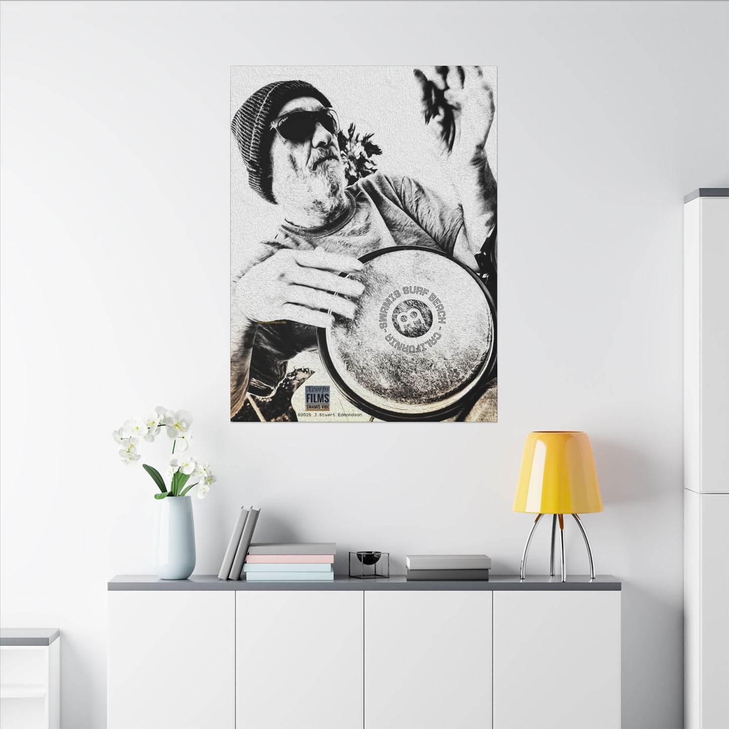 Swamis Vibe Encinitas California JSE Designs #124. Drum Beat Canvas Boxed Photo Prints- San Diego, California Surfing Beach Design, Drummer, Musician
