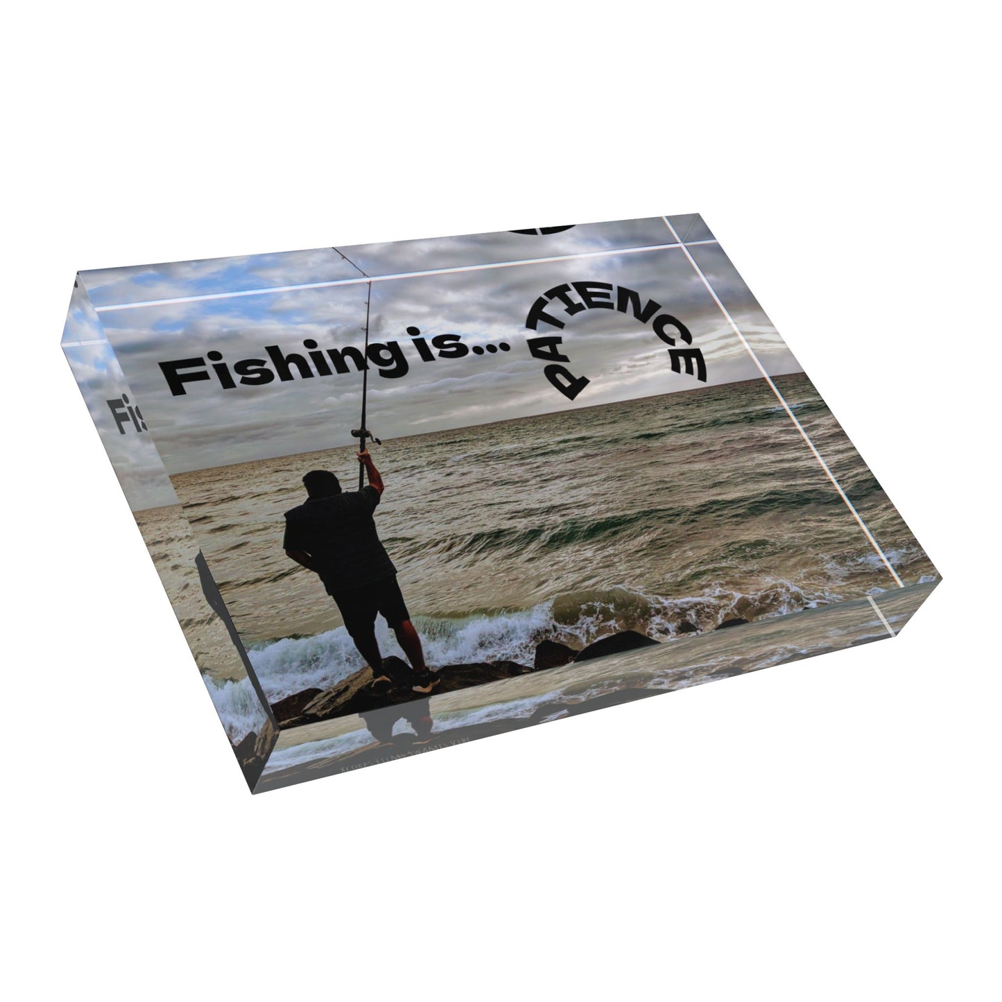 Swamis Vibe Surf and Sunsets 3D Photo Blocks Fishing Is Patience. Ocean Fishing Photo Block, Home Decor, Gift for Fisherman, Coastal Wall Art, Personalized Picture Display, Inspirational Art