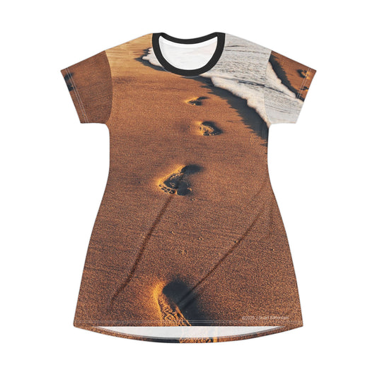 Swamis Vibe Coastal T-Shirt Beach Dress #5. Footography Artistic Nature T-Shirt Dress Beach Footprint T-Shirt Dress, Relaxed Summer Style, Casual Wear, Beach Vacation Outfit, Unique Gift Idea, Comfortable Dress