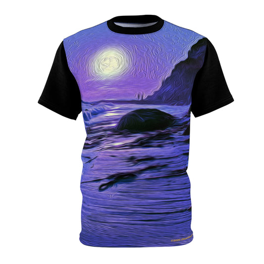 Swamis Vibe Encinitas California JSE Designs #3. Purple Moon Surfer Moonlit Ocean Unisex Tee, Artistic Graphic T-Shirt, Beach Lover Gift, Summer Wear, Unique Casual Top
