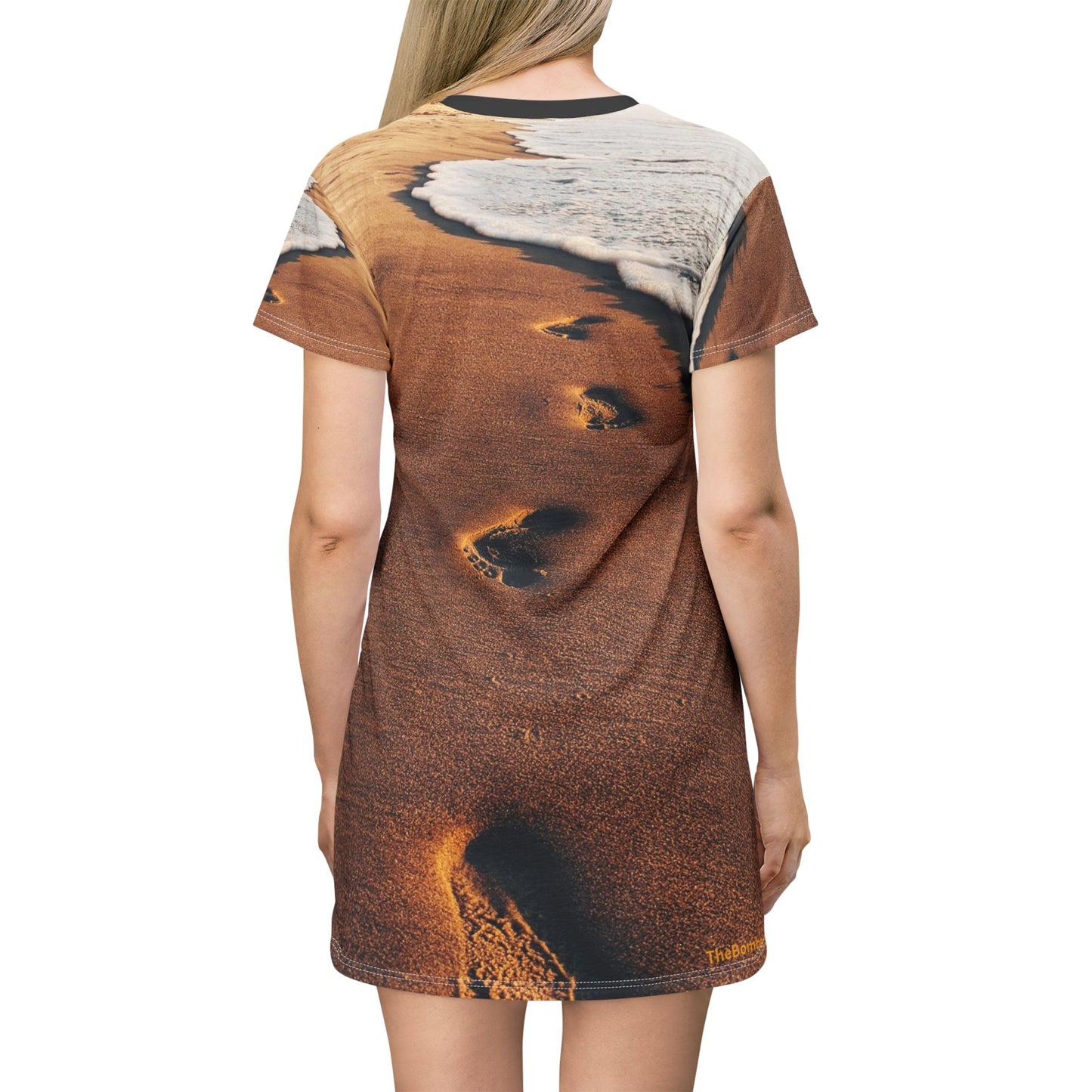 Swamis Vibe Coastal T-Shirt Beach Dress #6. Shoreline Reflections Artistic Nature Dress Beach-Themed T-Shirt Dress, Relaxed Fit Casual Dress, Summer Wardrobe Essential, Vacation Outfit, Footprints in Sand Design