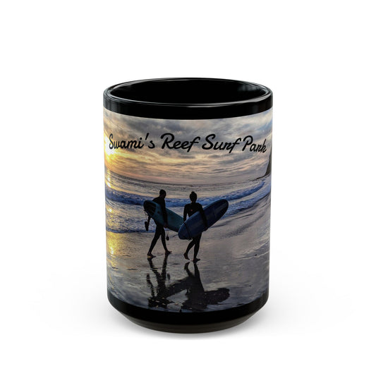 Swamis Vibe Encinitas California JSE Designs #8 Swamis Sunset Surf Couple Ceramic Mug Surf Park Black Mug | Ocean Sunset Coffee Cup, Beach Lover Gift, Surfing Theme Mug, Unique Drinkware for Home or Office