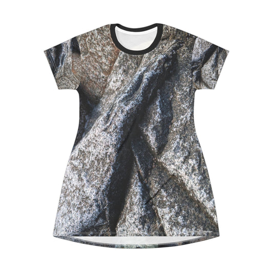 Swamis Vibe Stone T-Shirt Beach Dress #4. Shoreline Reflections Artistic Nature T-Shirt Dress | Casual Wear, Summer Dress, Unique Design, Outdoor Style, Gift for Nature Lovers