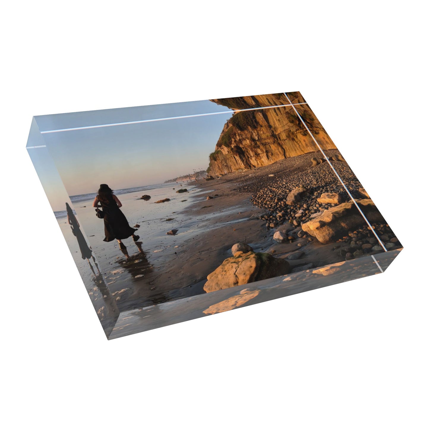 Swamis Vibe Girl in Long Dress Walking a Low Tide Beach Aesthetic Photo Block | Personalized Decorative Art, Home Decor, Unique Gifts, Wall Display
