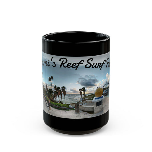 Swamis Vibe Encinitas California JSE Designs #5. Panorama Swamis Surf Park Ceramic Mug - Black Coffee/Tea Cup, Beach Lover Gift, Vacation Souvenir, Surfing Decor, Relaxing Drinkware