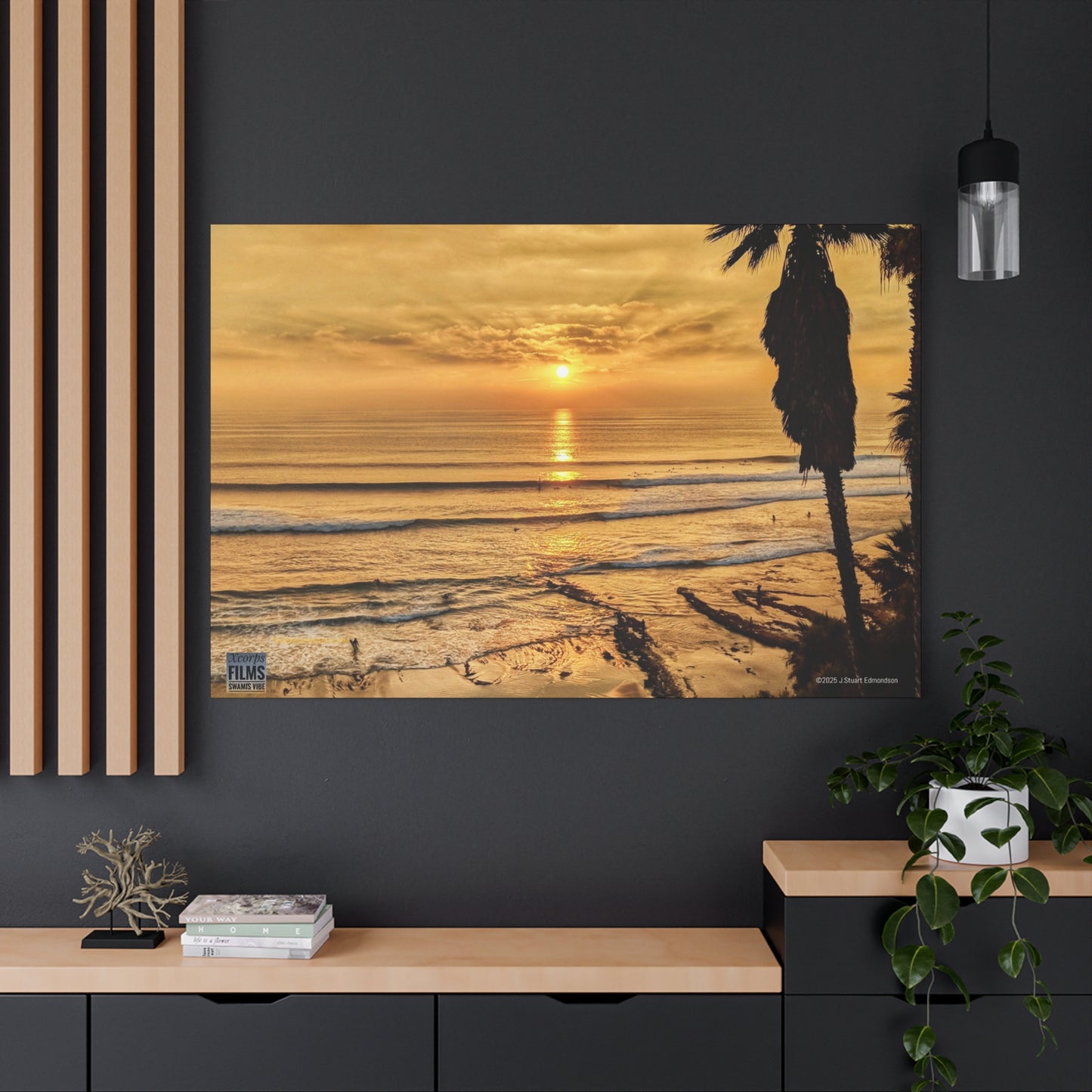 Swamis Vibe Encinitas California JSE Photograph #339 Swamis Sunset Gold Stretched Canvas Art, Sunset Beach Decor, Coastal Wall Art, Ocean Landscape Print, Tropical Home Decoration, Beach Lover Gift