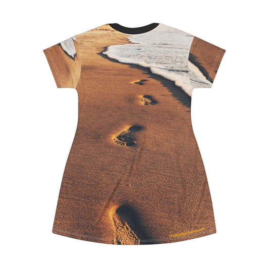 Swamis Vibe Coastal T-Shirt Beach Dress #6. Shoreline Reflections Artistic Nature Dress Beach-Themed T-Shirt Dress, Relaxed Fit Casual Dress, Summer Wardrobe Essential, Vacation Outfit, Footprints in Sand Design