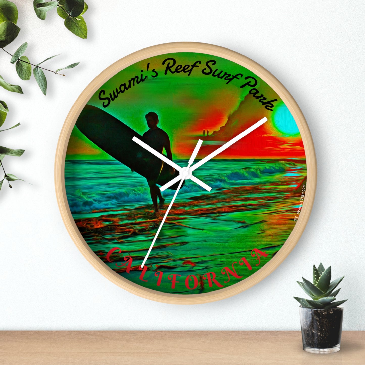 Swamis Vibe Encinitas California JSE Designs Swamis Surfing Sunset Wall Clock #3. Pop Art Sunset Surfer Wall Clock