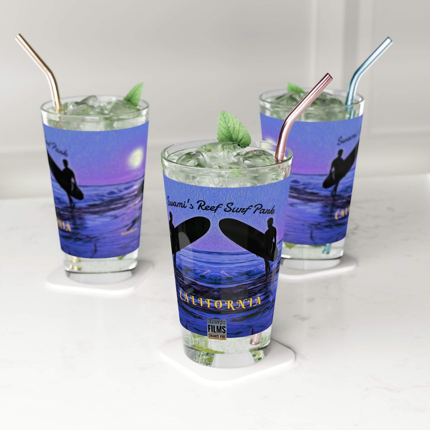 Swamis Vibe Encinitas California JSE Designs  Purple Moon Surfer 16oz Drinking Glass #1.