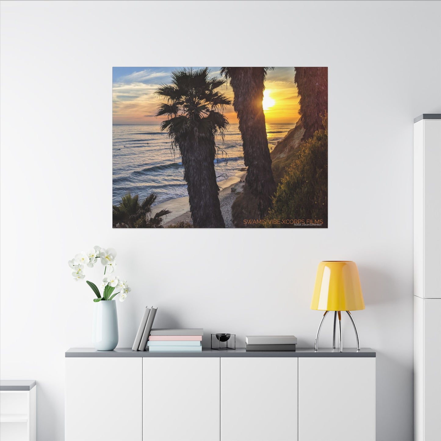 Swamis Vibe Encinitas California JSE Photograph #102 Swamis Sunset Palms and Waves Coastal Sunset Canvas Print, Wall Art, Beach Decor, Home Decor, Nature Wall Art, Tropical Print
