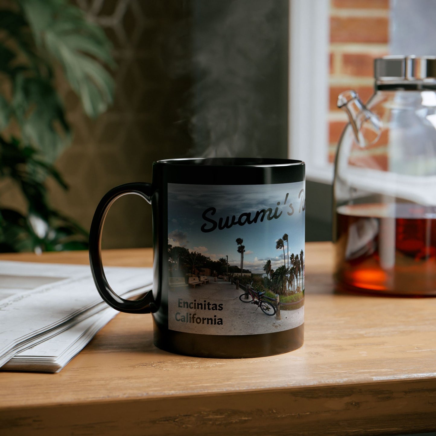 Swamis Vibe Encinitas California JSE Designs #5. Panorama Swamis Surf Park Ceramic Mug - Black Coffee/Tea Cup, Beach Lover Gift, Vacation Souvenir, Surfing Decor, Relaxing Drinkware