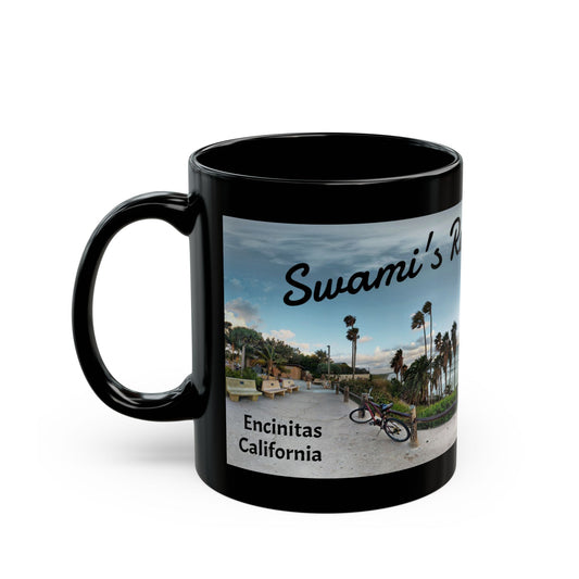 Swamis Vibe Encinitas California JSE Designs #5. Panorama Swamis Surf Park Ceramic Mug - Black Coffee/Tea Cup, Beach Lover Gift, Vacation Souvenir, Surfing Decor, Relaxing Drinkware