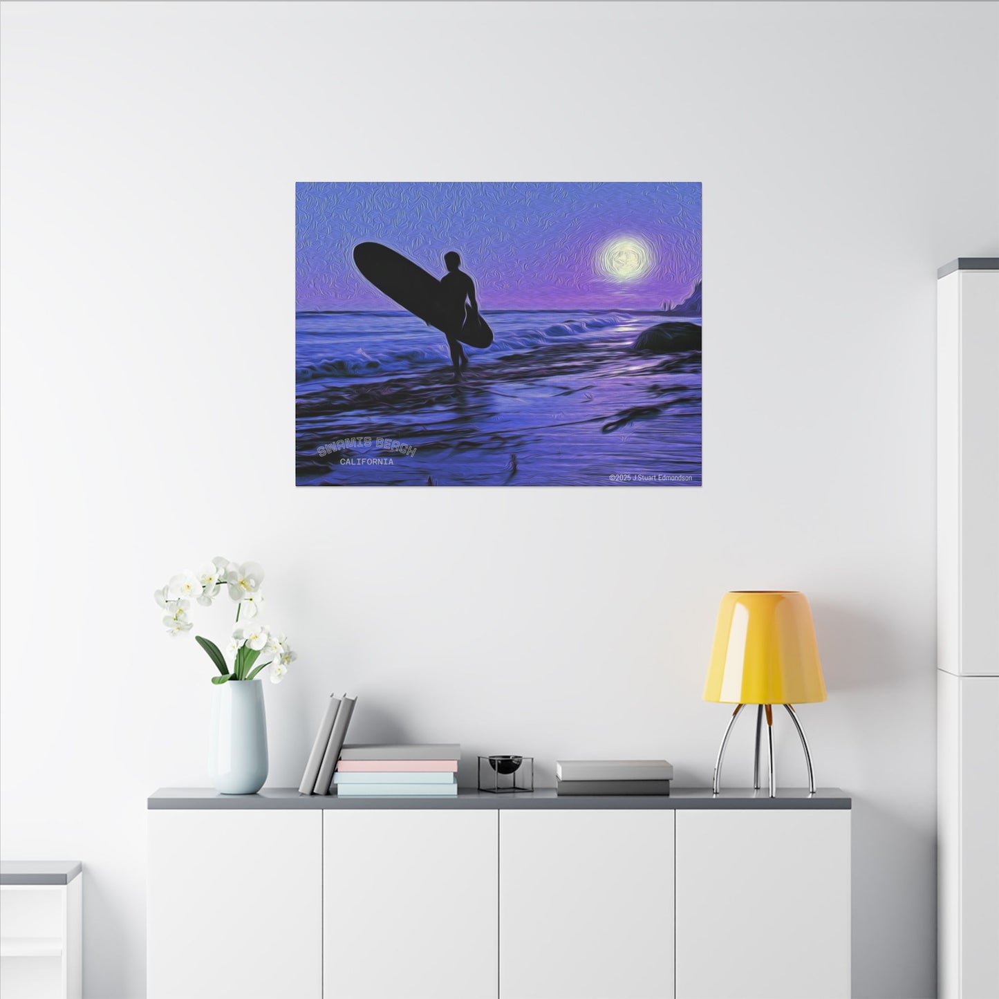 Swamis Vibe Encinitas California JSE Photograph #140 Purple Sunset Surfer Ocean Sunset Surfing Canvas, Beach Wall Art, Surf Decor, Coastal Home Decor, Beach House Wall Art, Perfect Gift for Surf Lovers