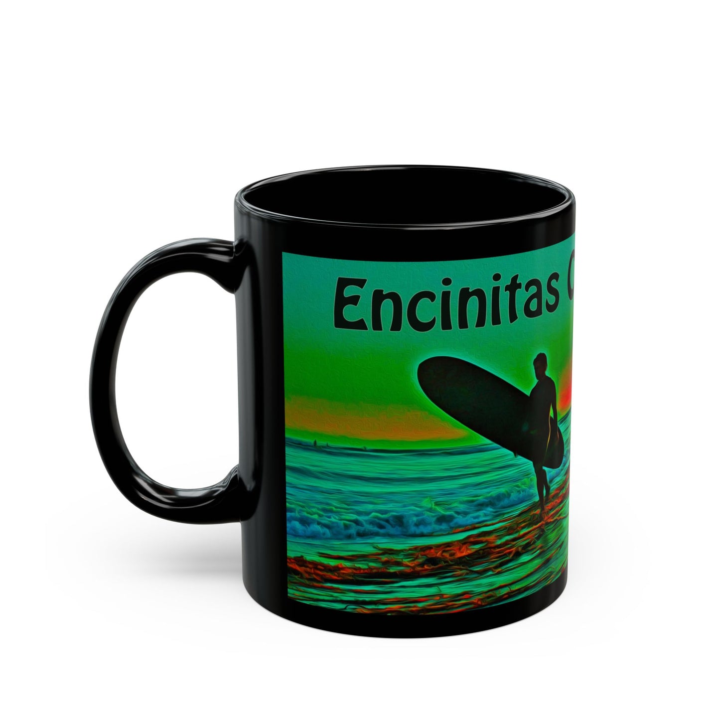 Swamis Vibe Encinitas California JSE Xcorps Films Designs #8. Swamis Surfer's Paradise Black Mug - Perfect for Coffee Lovers, Beach Vibes, Gifts for Him/Her, Summer, Surfing Enthusiasts, California