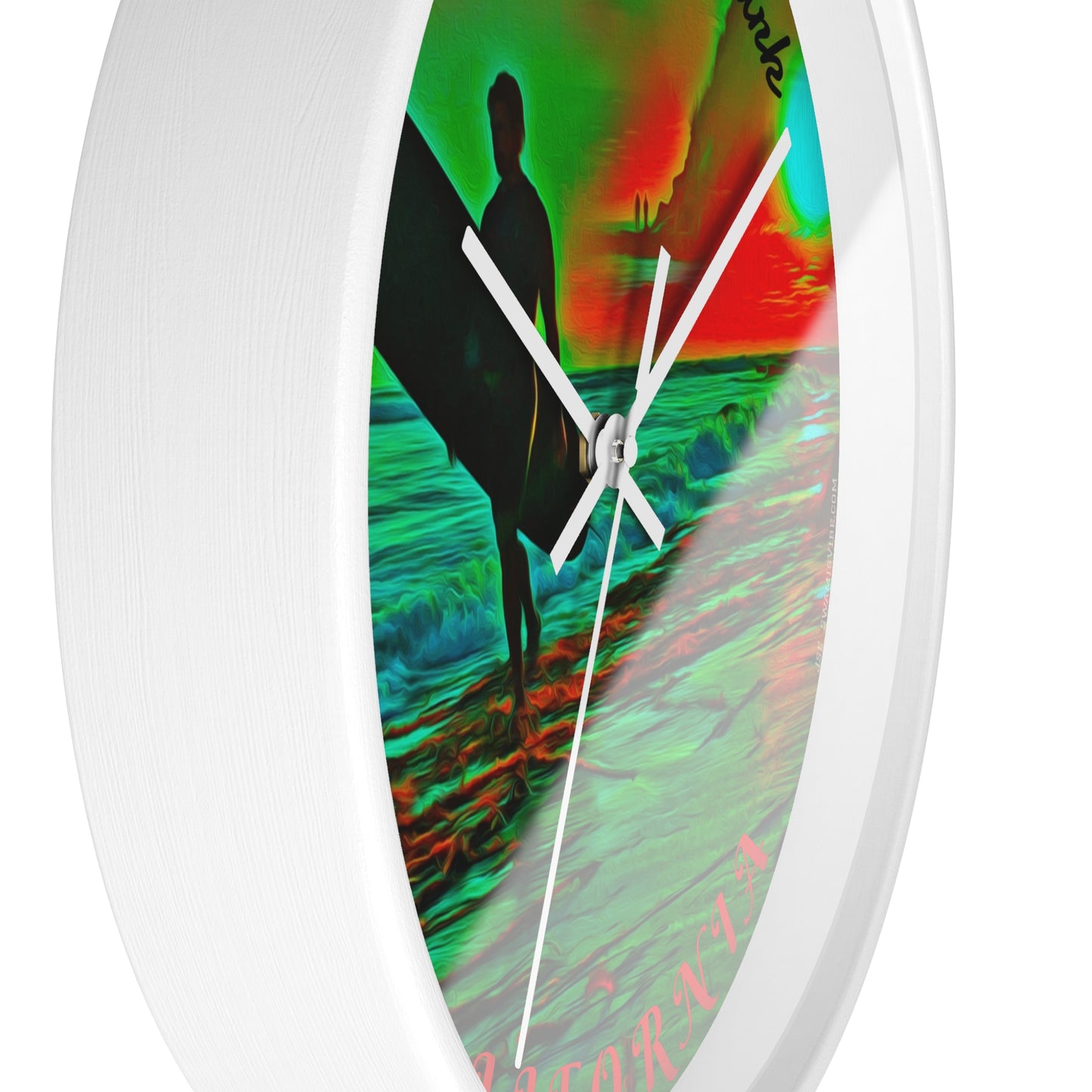 Swamis Vibe Encinitas California JSE Designs Swamis Surfing Sunset Wall Clock #3. Pop Art Sunset Surfer Wall Clock