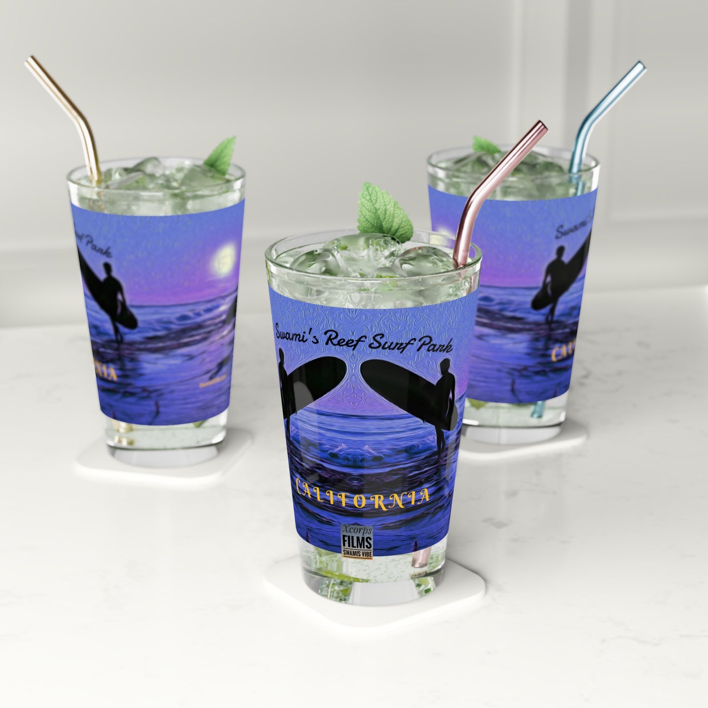 Swamis Vibe Encinitas California JSE Designs  Purple Moon Surfer 16oz Drinking Glass #1.