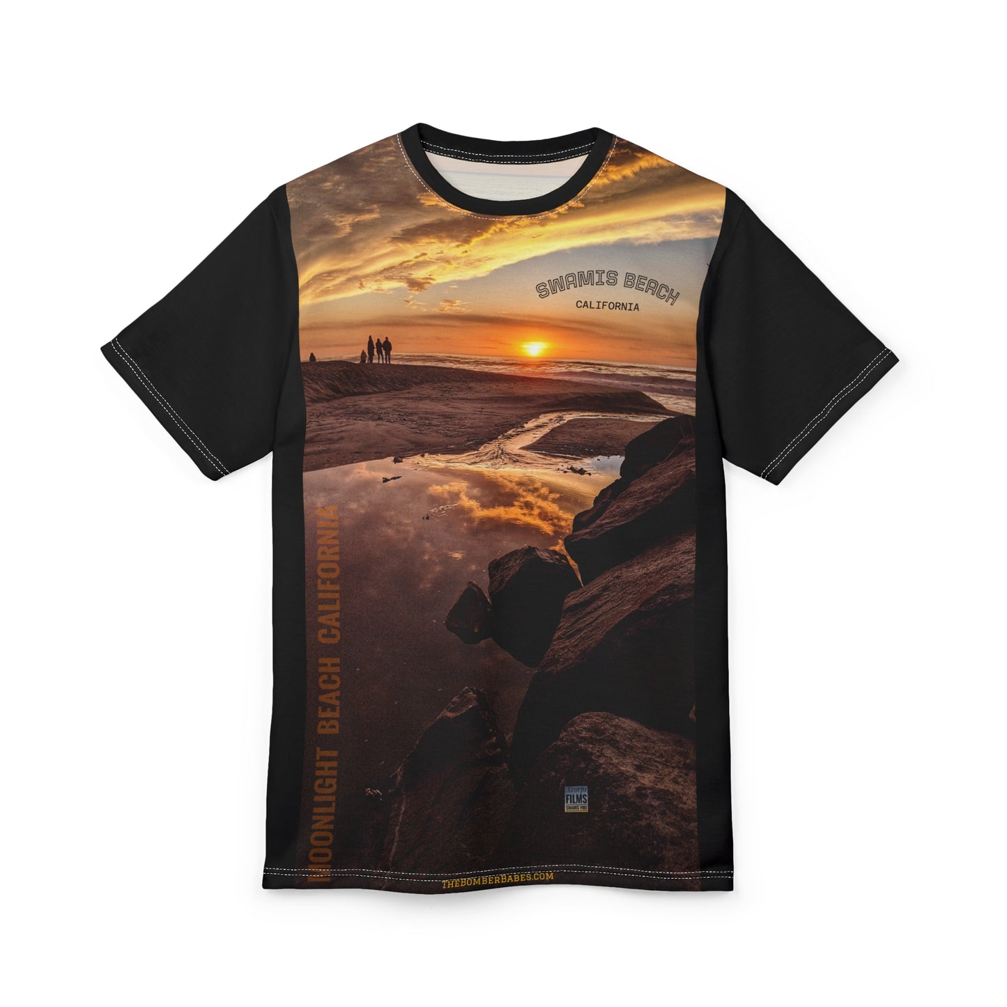 Swamis Vibe Encinitas California JSE Designs #6 Tower 19 Unisex T Sunset Beach Scene Tee, AOP Unisex Cut & Sew T-Shirt, Ocean Lover Gift, California Beachwear, Summer Vacation Apparel, Adventure T-Shirt