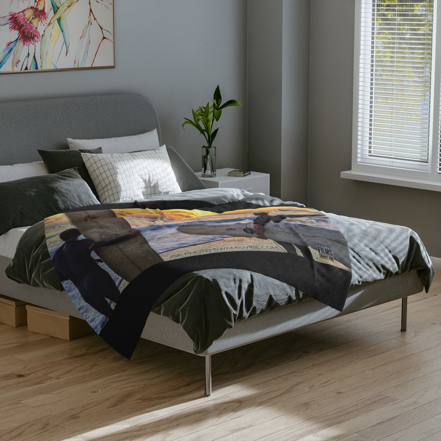 Swamis Vibe Encinitas California JSE Designs Surfer Sunset Blanket #1. Microfiber Blanket - Swamis Vibe Surfing Beach Design