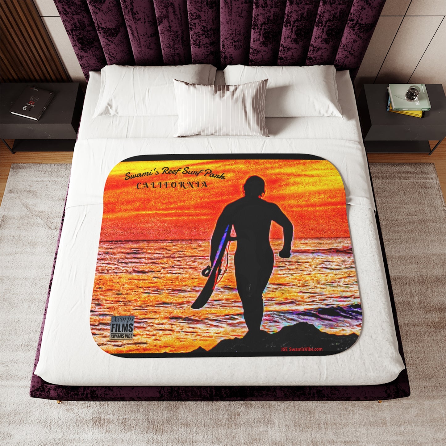 Swamis Vibe Film Encinitas California JSE Designs  Fire Sunset Sherpa Surfer Blanket #5.