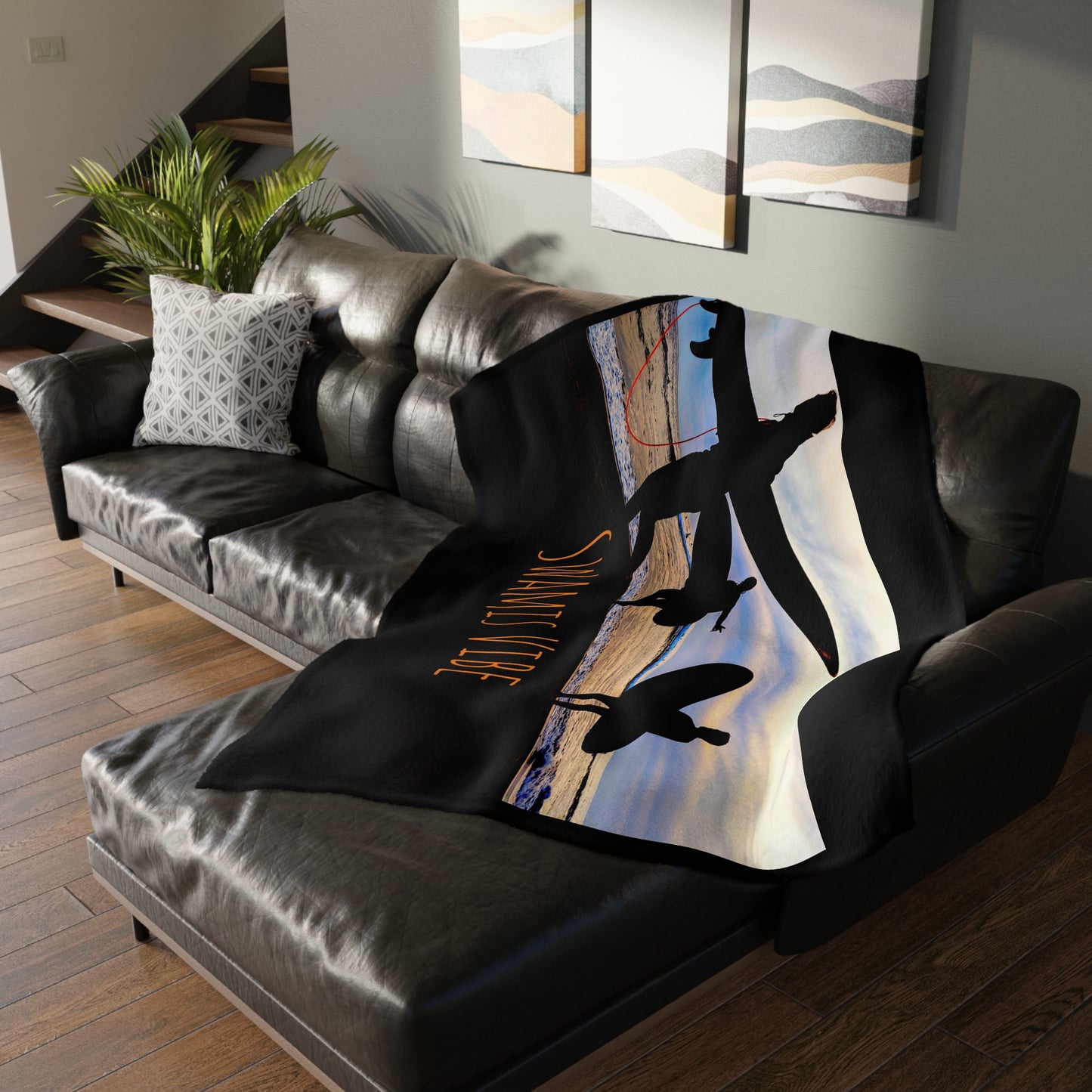 Swamis Vibe Encinitas California JSE Designs Surfer Sunset Blanket #2. Velveteen Microfiber Blanket - Swamis Vibe Surfer Sunset Beach California Two-sided Print