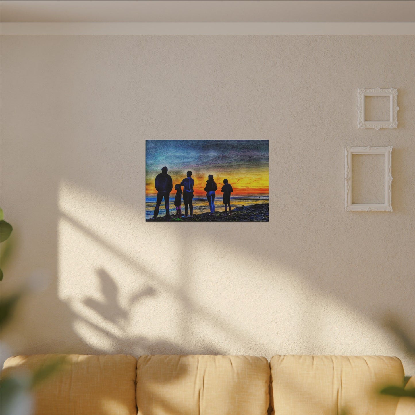 Swamis Vibe Encinitas California JSE Photograph #131 Swamis Low Tide Tourists Sunset Family Silhouette Canvas Wall Art, Stretched Canvas, Home Decor for Living Room, Gift for Parents, Family Portrait, Nature Art