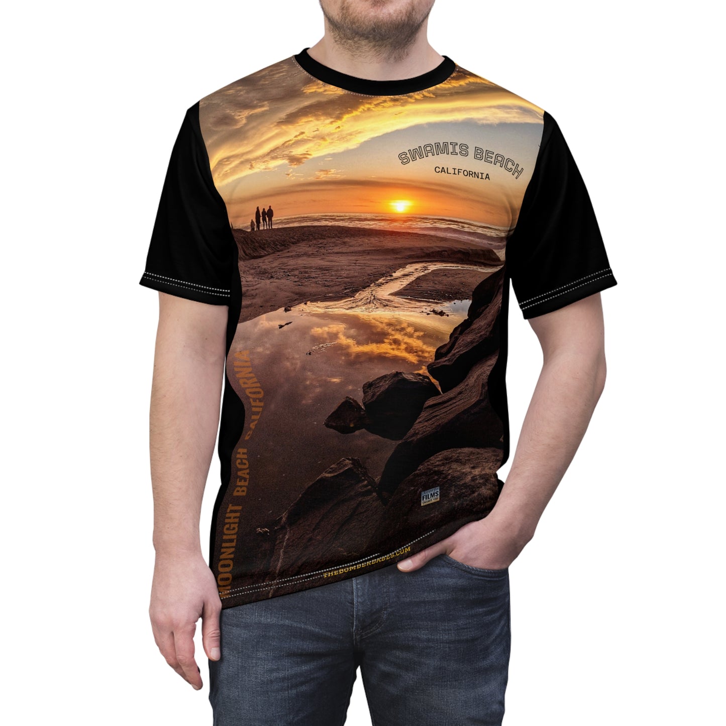 Swamis Vibe Encinitas California JSE Designs #6 Tower 19 Unisex T Sunset Beach Scene Tee, AOP Unisex Cut & Sew T-Shirt, Ocean Lover Gift, California Beachwear, Summer Vacation Apparel, Adventure T-Shirt