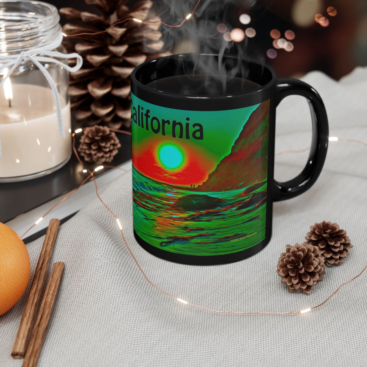 Swamis Vibe Encinitas California JSE Xcorps Films Designs #8. Swamis Surfer's Paradise Black Mug - Perfect for Coffee Lovers, Beach Vibes, Gifts for Him/Her, Summer, Surfing Enthusiasts, California