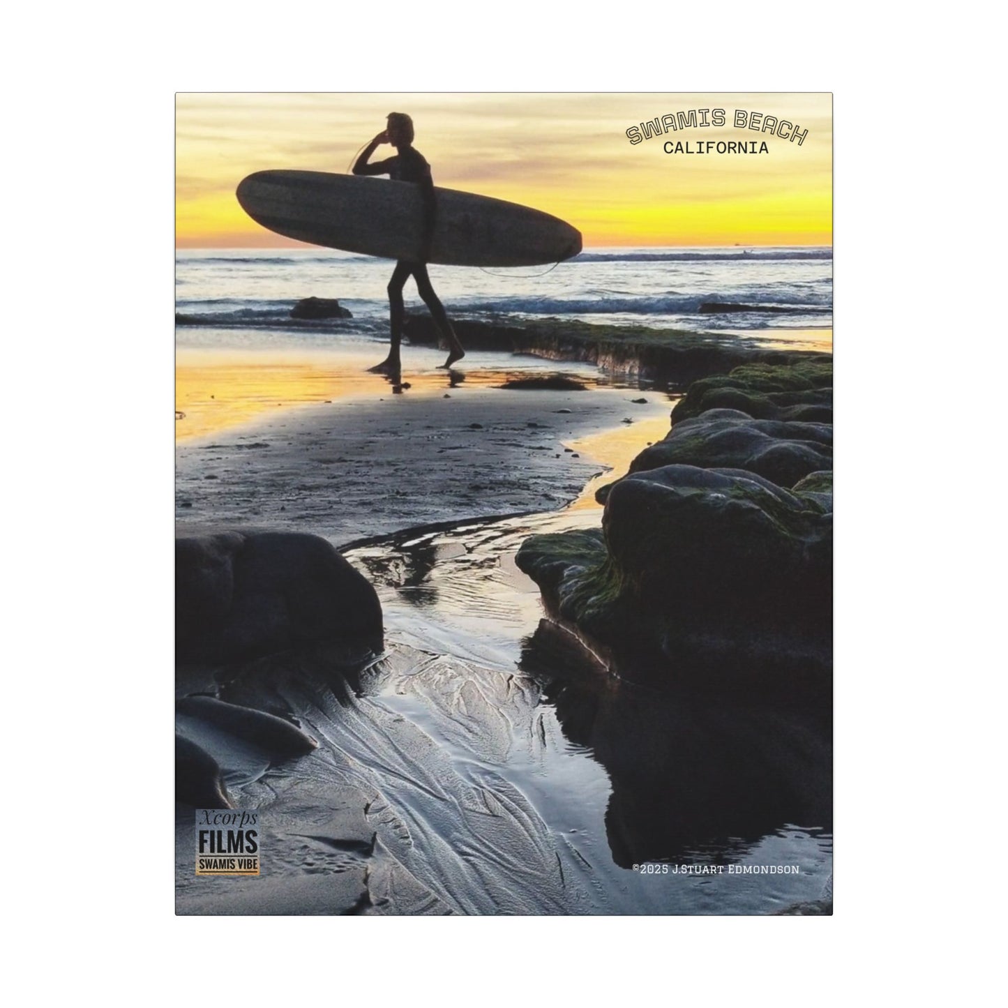 Swamis Vibe Encinitas California JSE Photograph #1200 Surfer On An Ancient Reef. Surfing Sunset Canvas Print - Beach Wall Art, Coastal Decor, Ocean Photography, Gift for Surfers, Home Aesthetic