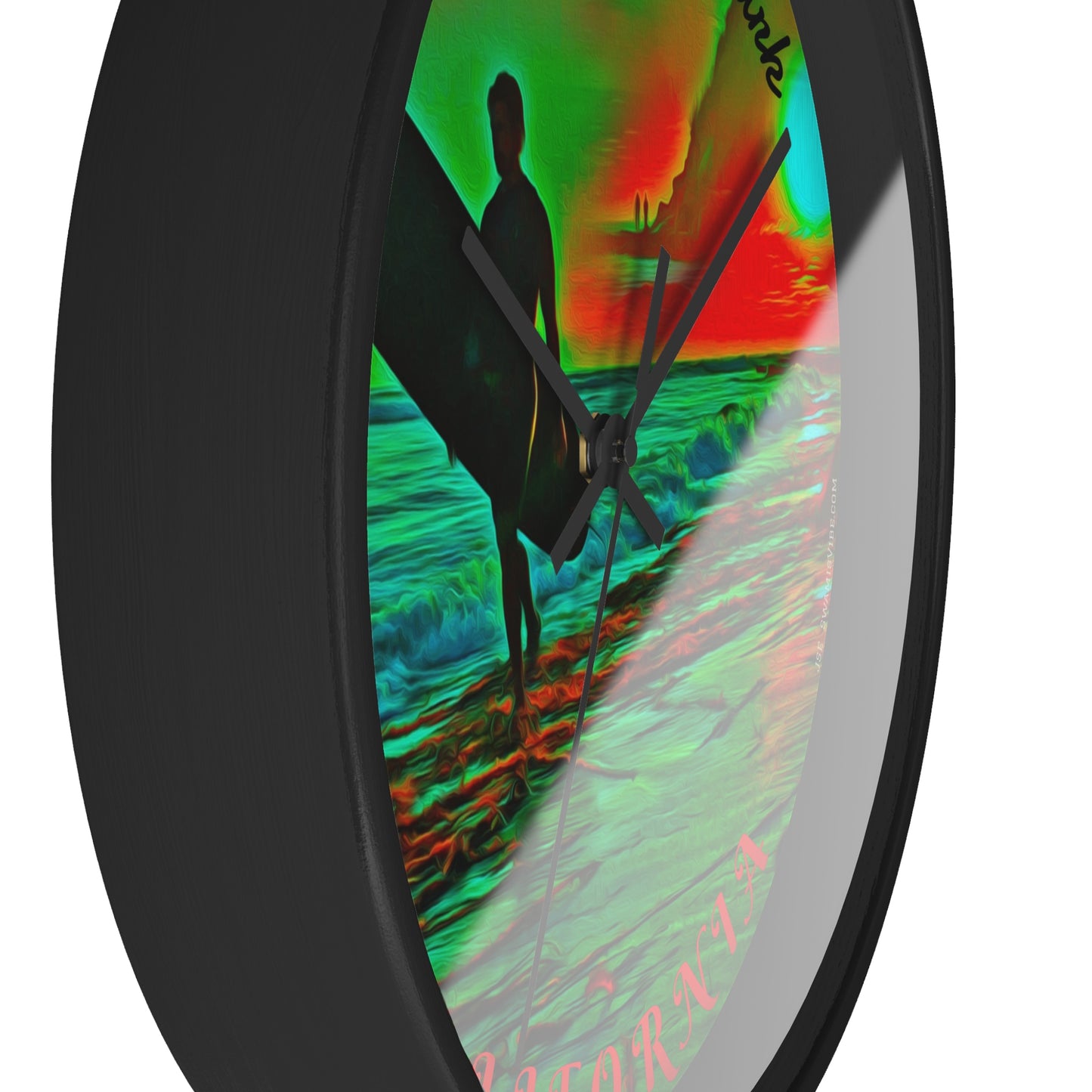 Swamis Vibe Encinitas California JSE Designs Swamis Surfing Sunset Wall Clock #3. Pop Art Sunset Surfer Wall Clock