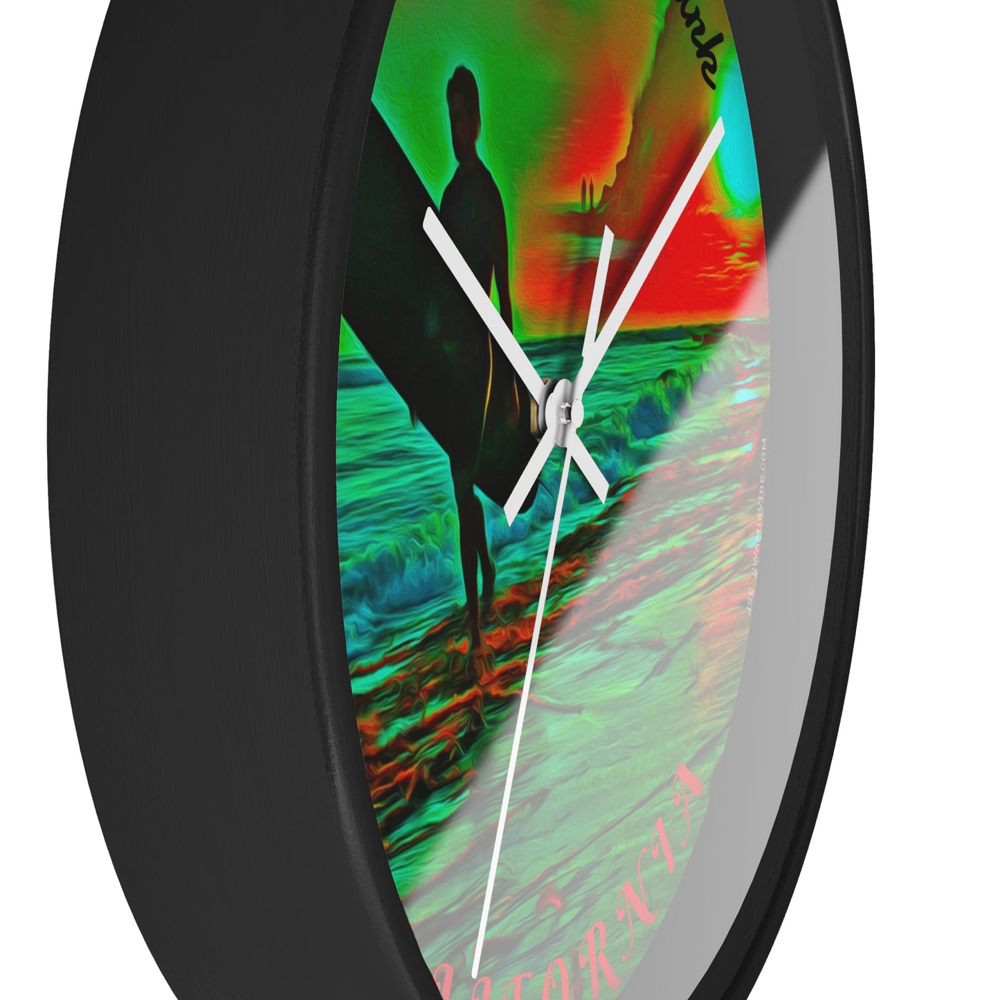 Swamis Vibe Encinitas California JSE Designs Swamis Surfing Sunset Wall Clock #3. Pop Art Sunset Surfer Wall Clock