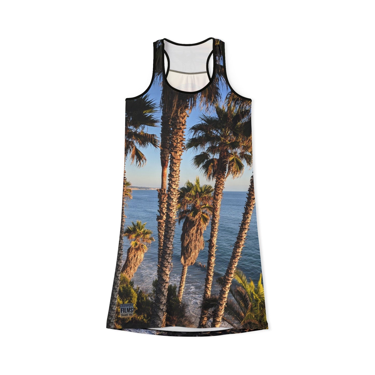Swamis Vibe JSE Cali Designs Racerback Sports Dress Swami's Vibe Surf Park Collection - Palm Grove Surfers Sunset #333 Tropical Beach Racerback Dress, Vacation Outfit, Boho Style Dress, Summer Dress, Casual Summer Wear, Beachwear