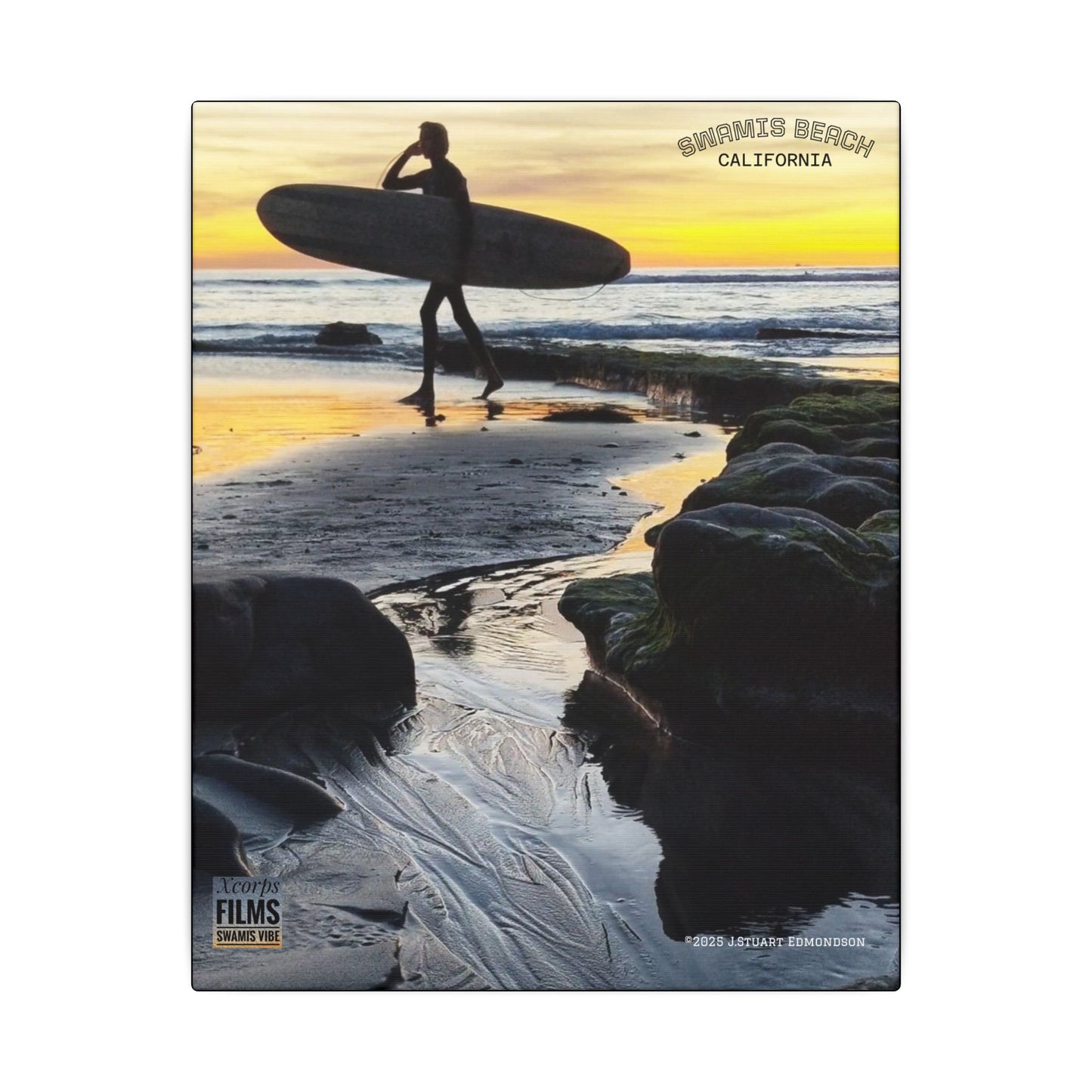 Swamis Vibe Encinitas California JSE Photograph #1200 Surfer On An Ancient Reef. Surfing Sunset Canvas Print - Beach Wall Art, Coastal Decor, Ocean Photography, Gift for Surfers, Home Aesthetic