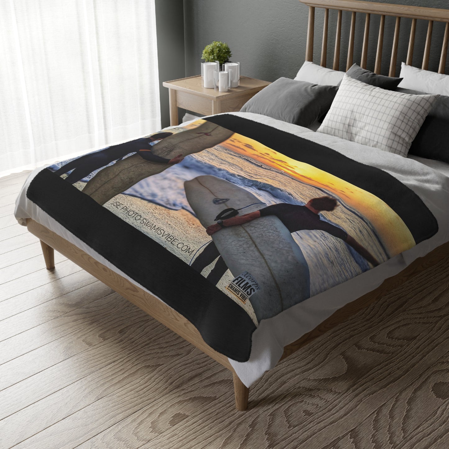 Swamis Vibe Encinitas California JSE Designs Surfer Sunset Blanket #2. Velveteen Microfiber Blanket - Swamis Vibe Surfer Sunset Beach California Two-sided Print