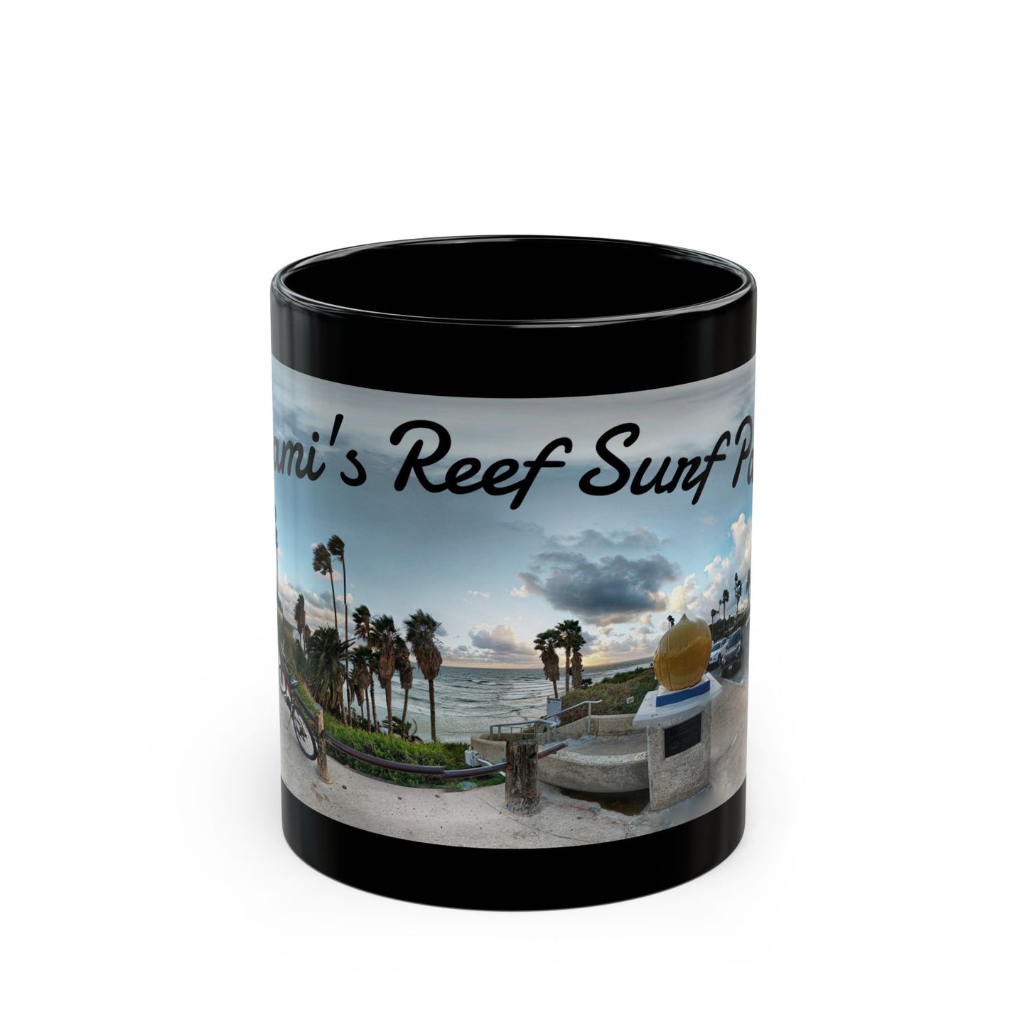 Swamis Vibe Encinitas California JSE Designs #5. Panorama Swamis Surf Park Ceramic Mug - Black Coffee/Tea Cup, Beach Lover Gift, Vacation Souvenir, Surfing Decor, Relaxing Drinkware