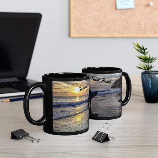 Swamis Vibe Encinitas California JSE Designs #8 Swamis Sunset Surf Couple Ceramic Mug Surf Park Black Mug | Ocean Sunset Coffee Cup, Beach Lover Gift, Surfing Theme Mug, Unique Drinkware for Home or Office
