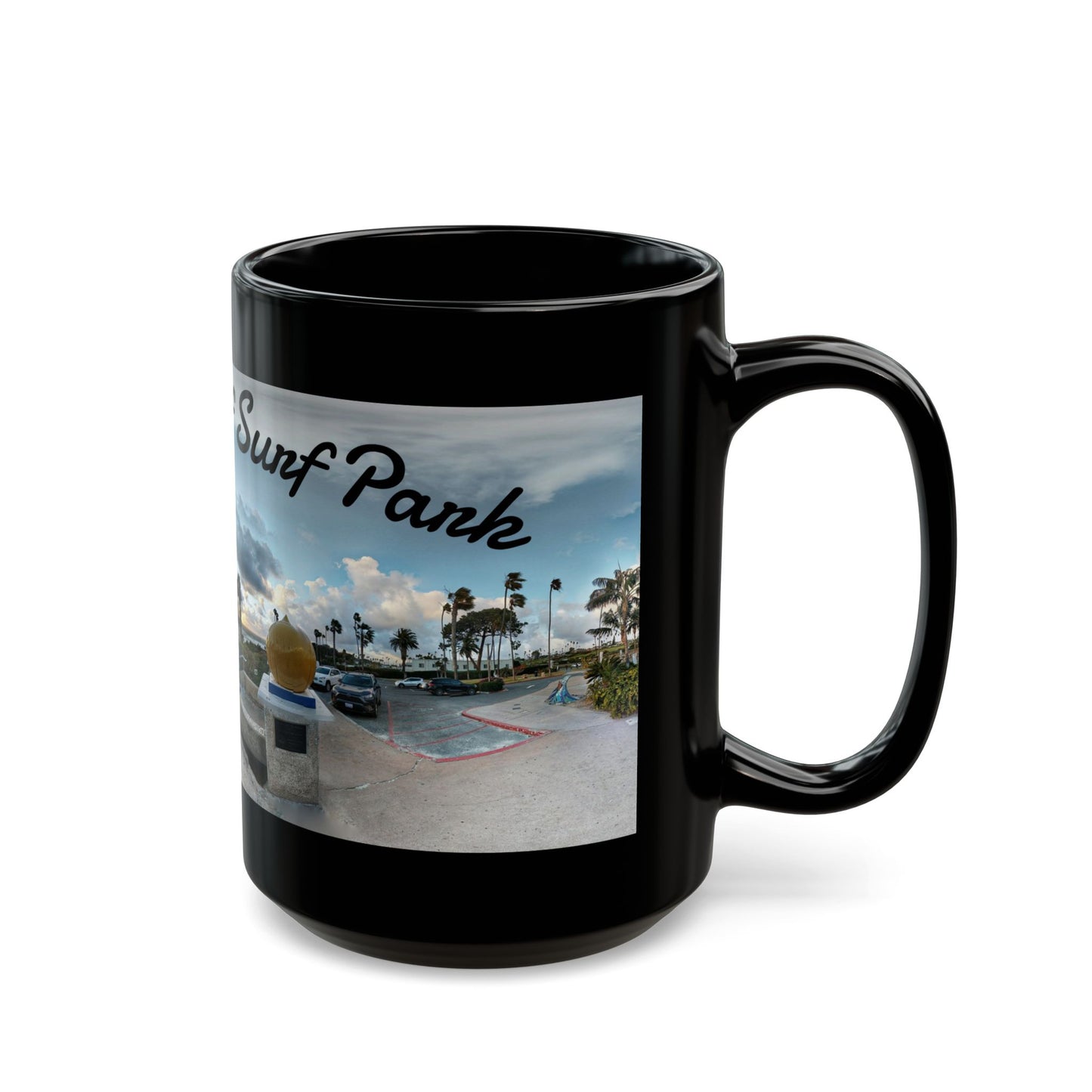 Swamis Vibe Encinitas California JSE Designs #5. Panorama Swamis Surf Park Ceramic Mug - Black Coffee/Tea Cup, Beach Lover Gift, Vacation Souvenir, Surfing Decor, Relaxing Drinkware