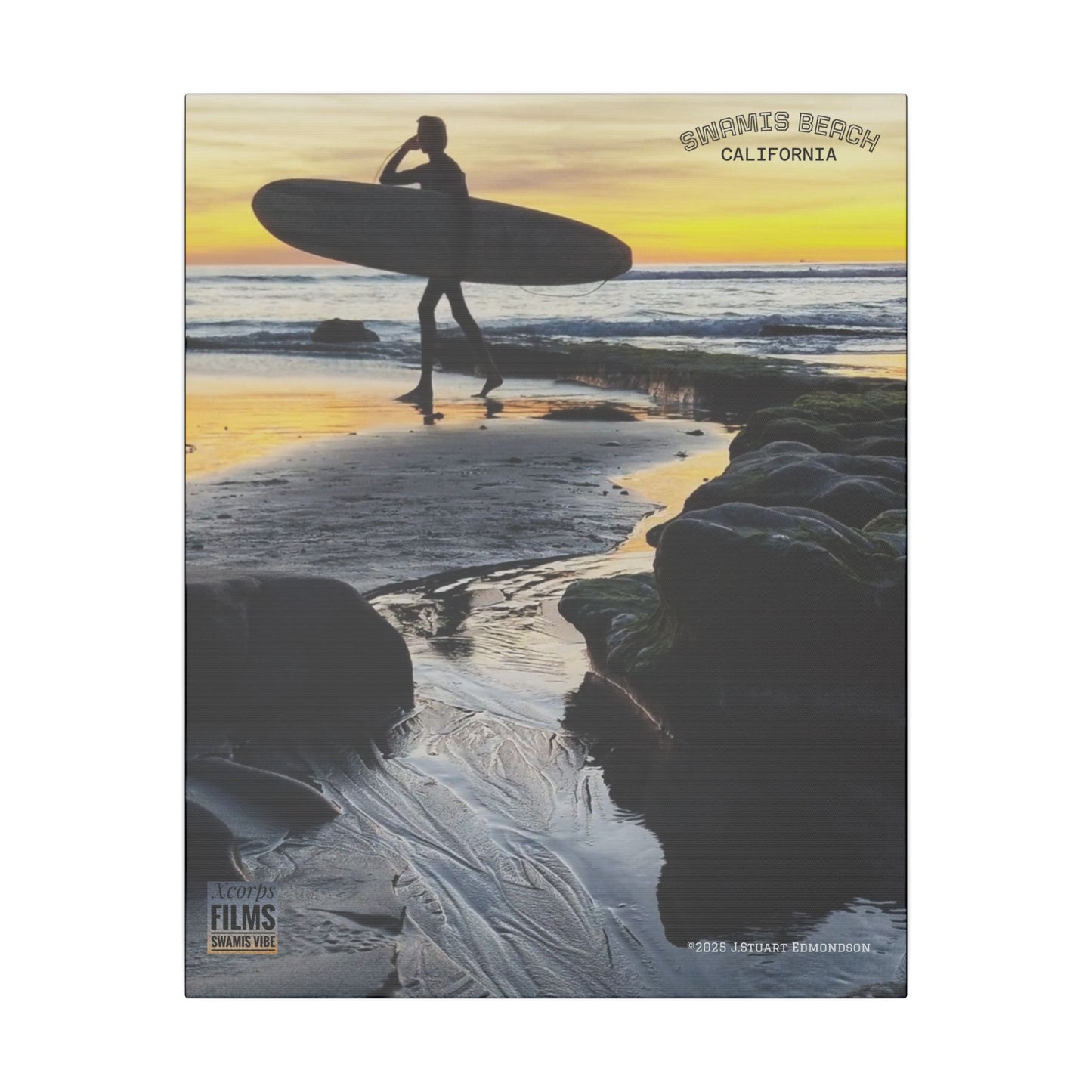 Swamis Vibe Encinitas California JSE Photograph #1200 Surfer On An Ancient Reef. Surfing Sunset Canvas Print - Beach Wall Art, Coastal Decor, Ocean Photography, Gift for Surfers, Home Aesthetic