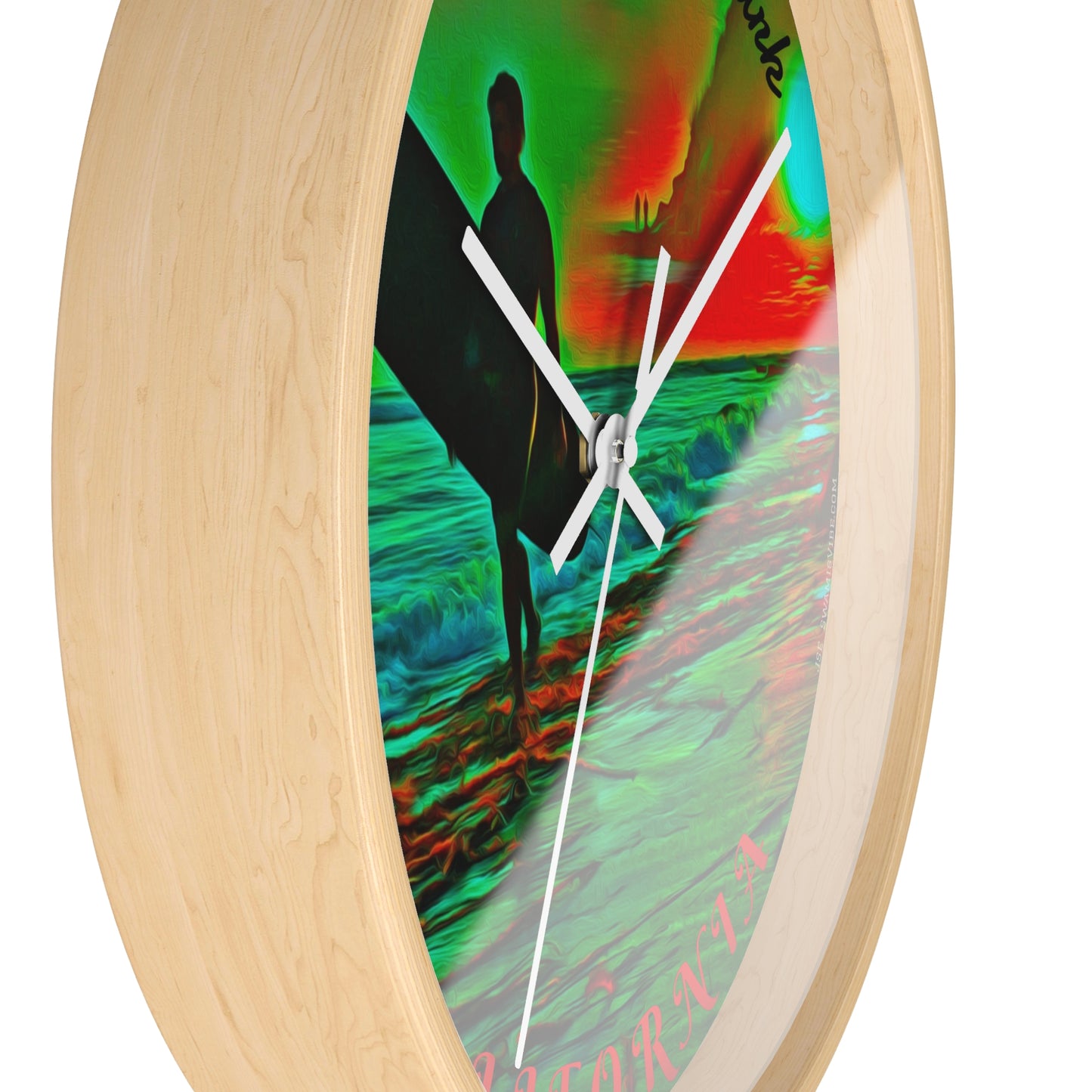 Swamis Vibe Encinitas California JSE Designs Swamis Surfing Sunset Wall Clock #3. Pop Art Sunset Surfer Wall Clock