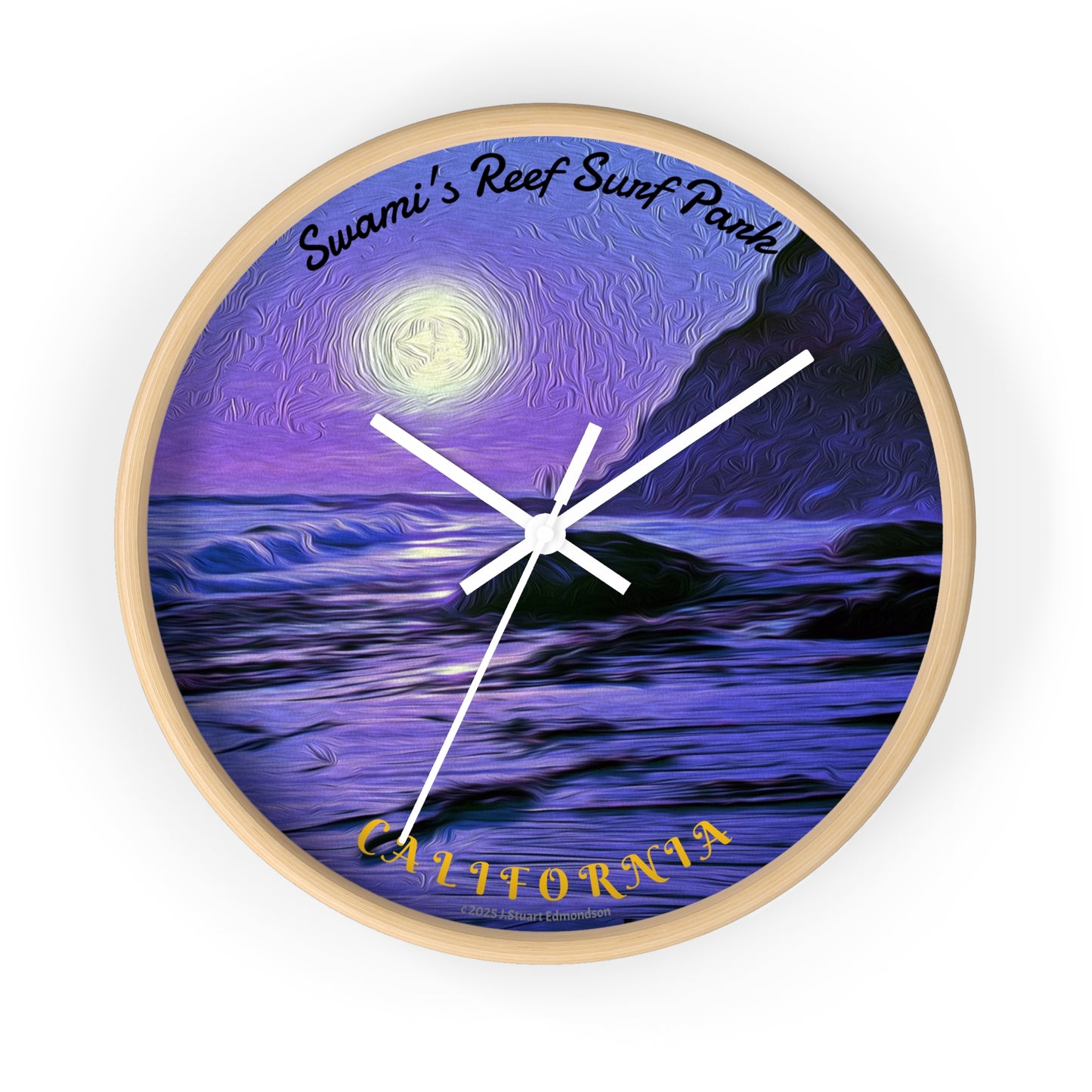Swamis Vibe Encinitas California JSE Designs Swamis Surfing Sunset Wall Clock #6. Purple Moon - Serene Moonlit Beach Wall Clock | Coastal Home Decor, Nautical Gift, Ocean Lover's Art, Unique Timepiece, Relaxing Atmosphere