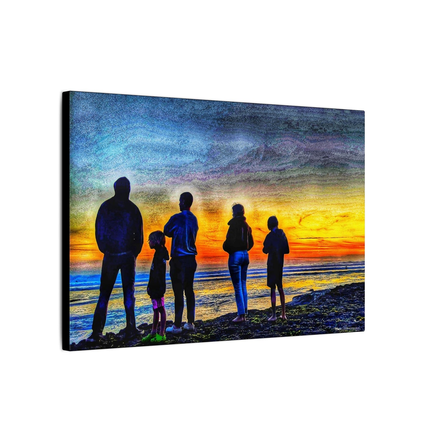 Swamis Vibe Encinitas California JSE Photograph #131 Swamis Low Tide Tourists Sunset Family Silhouette Canvas Wall Art, Stretched Canvas, Home Decor for Living Room, Gift for Parents, Family Portrait, Nature Art