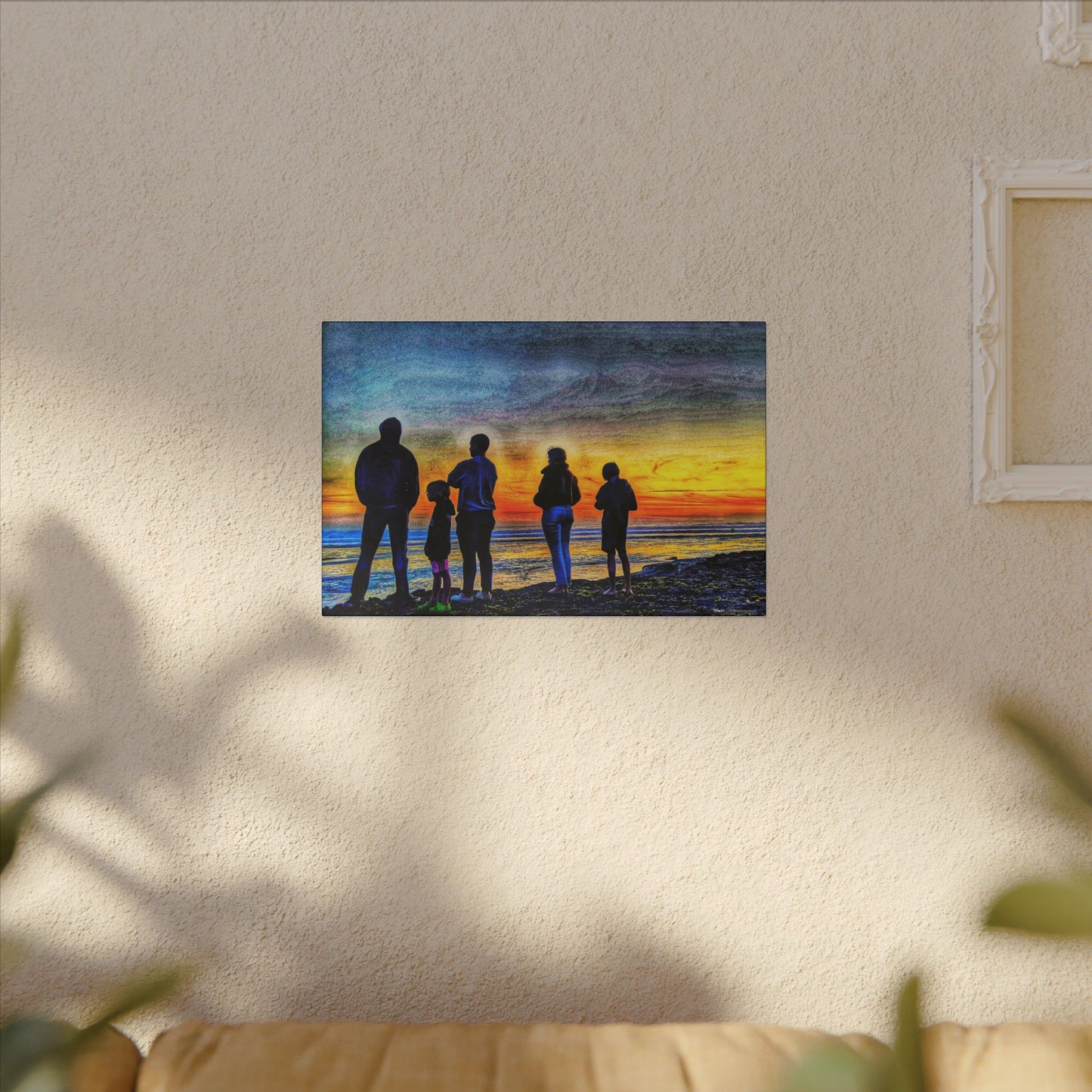 Swamis Vibe Encinitas California JSE Photograph #131 Swamis Low Tide Tourists Sunset Family Silhouette Canvas Wall Art, Stretched Canvas, Home Decor for Living Room, Gift for Parents, Family Portrait, Nature Art