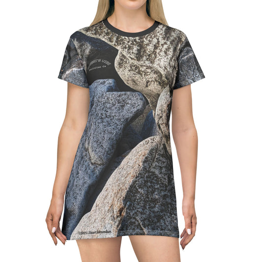 Swamis Vibe Stone T-Shirt Beach Dress #8. Swamis Melted Rocks Artistic Nature T-Shirt Dress Nature-Inspired T-Shirt Dress, Rock Pattern Casual Dress, Summer Outfit, Beach Cover-Up, Eco-Friendly Apparel