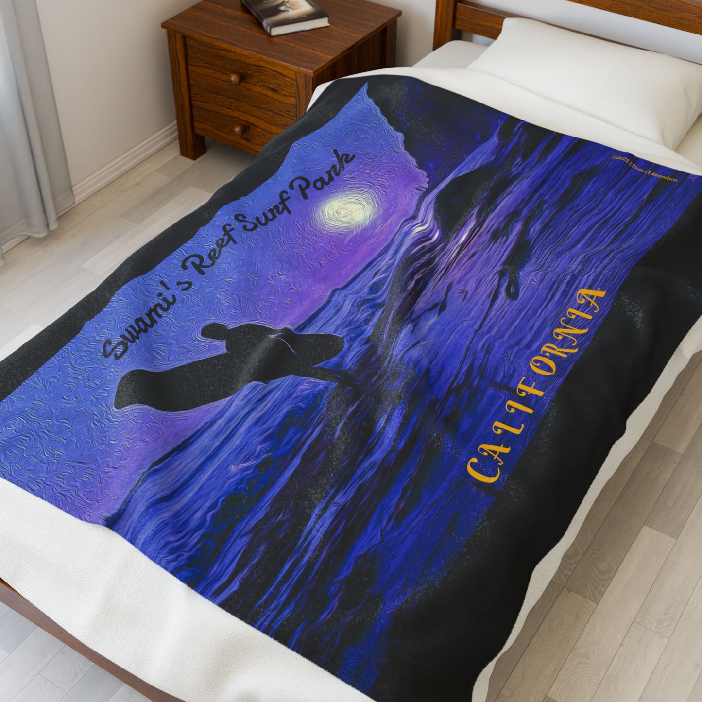 Swamis Vibe Encinitas California JSE Designs  Purple Moon Surfer Blanket #4 Surf Waves Velveteen Plush Blanket, Cozy Throw Blanket, Beach Decor, Gift for Surfers, Home Essentials, Outdoor Blanket