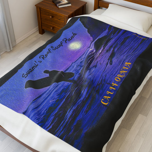 Swamis Vibe Encinitas California JSE Designs  Purple Moon Surfer Blanket #4 Surf Waves Velveteen Plush Blanket, Cozy Throw Blanket, Beach Decor, Gift for Surfers, Home Essentials, Outdoor Blanket
