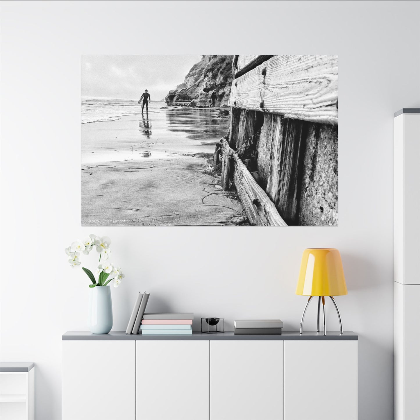 Swamis Vibe Encinitas California JSE Photograph #1221 Surfer on Swamis Beach BW Surfing Wall Art Print, Black and White Coastal Decor, Beach Lover Gift, Home Office Artwork, Surfer Canvas