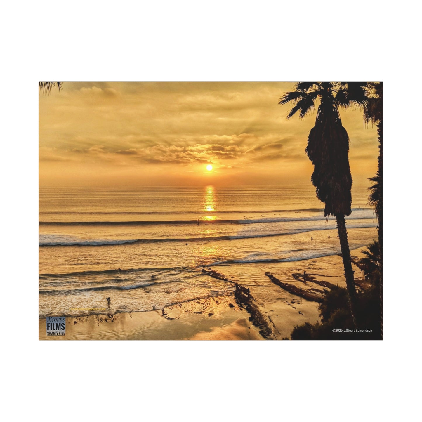 Swamis Vibe Encinitas California JSE Photograph #339 Swamis Sunset Gold Stretched Canvas Art, Sunset Beach Decor, Coastal Wall Art, Ocean Landscape Print, Tropical Home Decoration, Beach Lover Gift